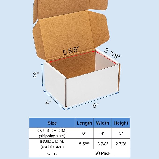 White Shipping Boxes 6x4x3" 60 Pack - Corrugated Cardboard Mailing Boxes for Small Business - Literature Mailer Packaging Supplies