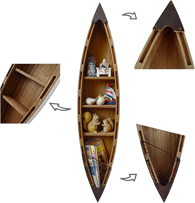 Wood Hanging Boat Shelf 47" Nautical 3-Tiered Shelves for Living Room Bathroom Bedroom - Beach Themed Decorative Bookcase Wooden Wall Art Ornament Display Shelf Rustic Coastal Home Decor (D)
