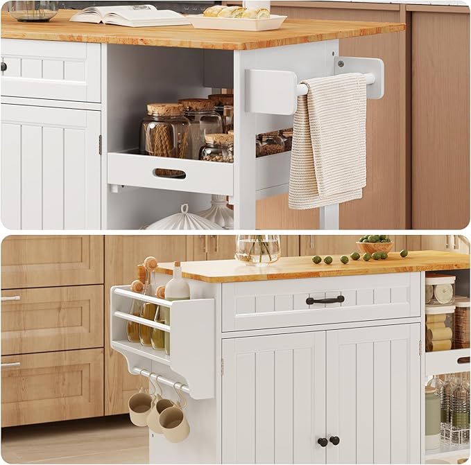 Gizoon Update Kitchen Island, 41.7" W Kitchen Island with Storage, Rolling Island Table on 5 Wheels, with Drop Leaf, Refrigerator Door, Adjustable Shelf, Spice/Towel Rack, Removable Tray, White