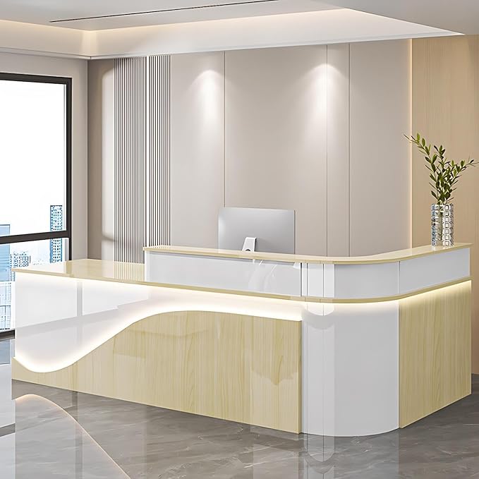 Modern Reception Desk – Front Desk, Reception Counter for Office, Checkout Counter, LED Lighting, Storage, Soft Close Drawers, Custom Logo, Fully Assembled (J,64IN)