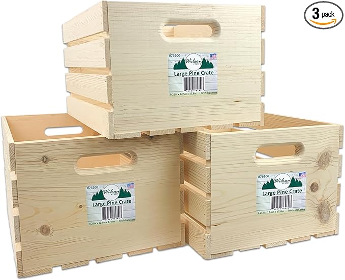 Wilson Large Wooden Pine Crate for Storage and Decoration at Home, Office, Kitchen, Bedroom, and Retail (12.5"x9.625"x17.875") (Set of 3)