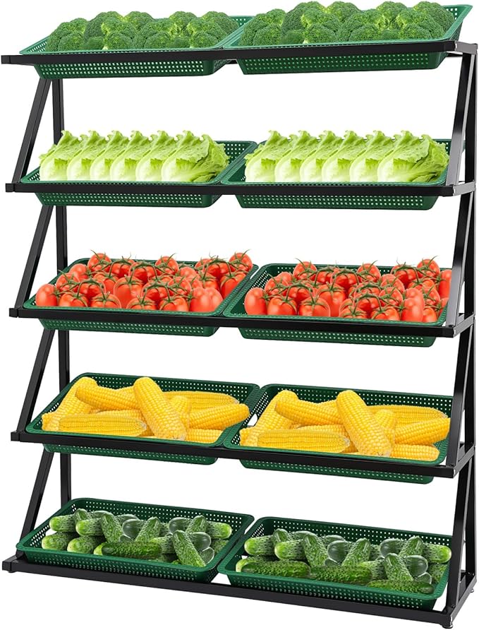 5 Tiers Retail Display Rack, Large Capacity Market Shelf Fruit and Vegetable Basket Stand Rack Set for Kitchen, Office, Store, Supremarket Utility Storage Shelves