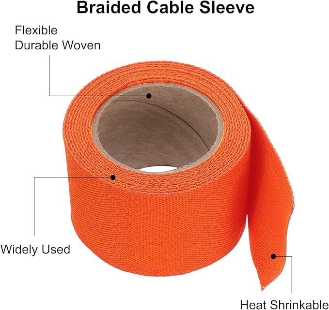 MECCANIXITY Braided Cable Sleeves Heat Shrinkable Fabric Sleeving, 1 9/16" 10ft Orange 2:1 Ratio Heat Shrinkable Cord Protector for Harness Cable, Network Cable Protection, Cable Management