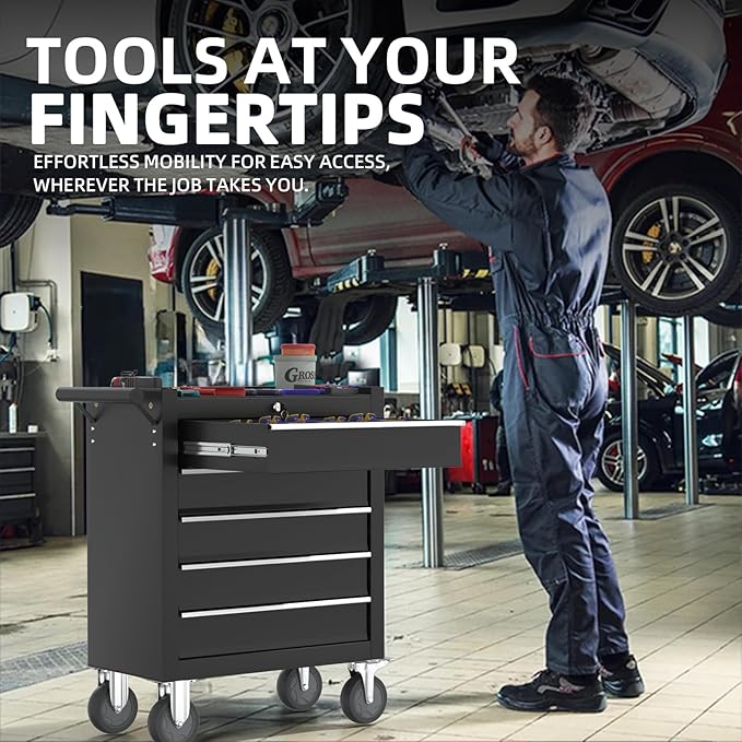 5-Drawers Garage Tool Chest, Large Capacity Tool Cabinet Heavy Duty Mechanic Rolling Tool Box Metal Locking Tool Cart with Drawers and Wheels for Storage