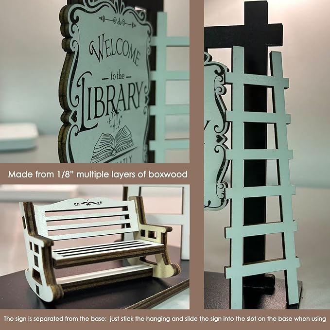 Welcome to the Library Sign Miniature Signpost Self-standing Kit, Mini Booknook Sign with ladder and Bench Scene Display, Bookcase Accessories Decor Gift for Book-themed Club Book Lover