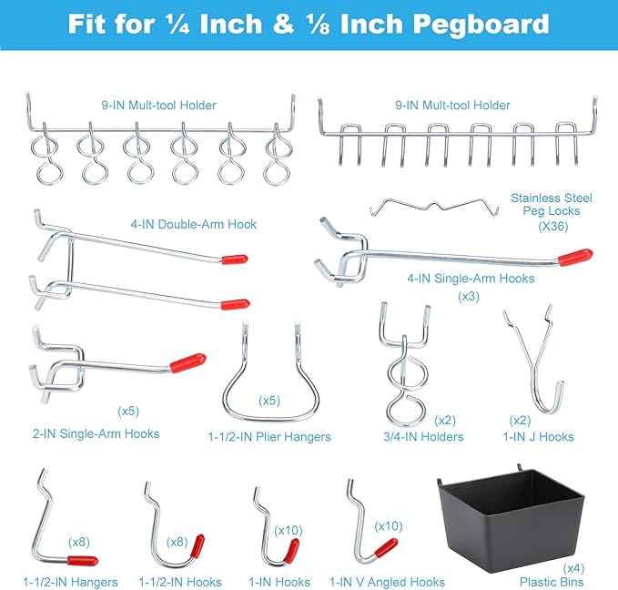 60 Assorted Pegboard Hooks with Pegboard Bins Plus 154 Peg Locks/Caps for 1/4 inch & 1/8 Inch Peg Board, Won’t Fall Out