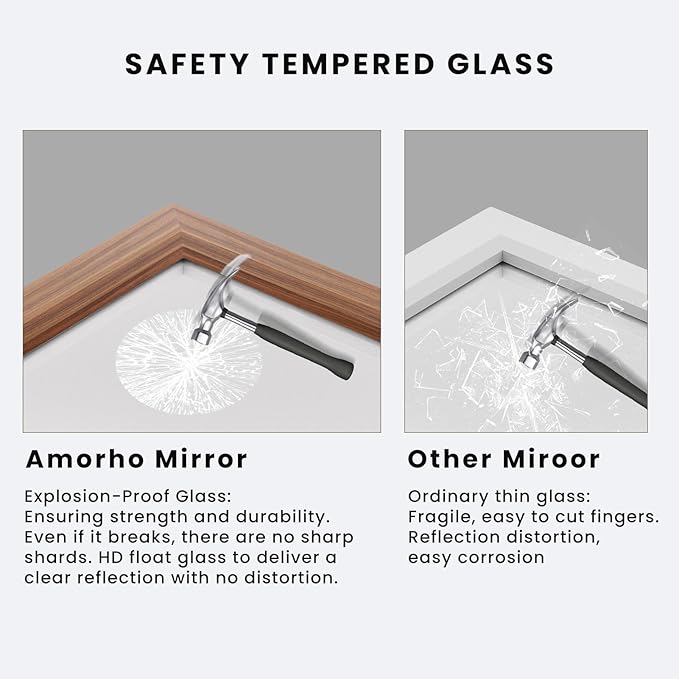 Amorho Bathroom Mirror for Wall, 48 X30 Inch Walnut Wood Grain Metal Framed Mirror, Anti-Rust, Hang Horizontally/Vertically, Suitable for Vanity, Bedroom, Farmhouse, Bathroom