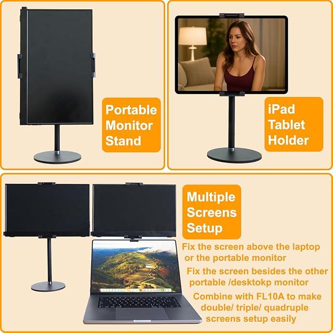 Portable Monitor Stand Tablet Stand for Desk Kindle Holder with Metal Disk, Telescopic Pole and Super Wide Clamp Portable Monitor Mount 15.6 inch 18.5 inch FL12C