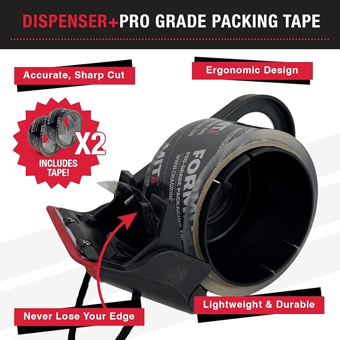 Clear Packing Tape with Dispenser (2 Rolls) - Professional Grade for Boxes - Packaging, Shipping with Refillable Dispenser, Fits Standard Bulk Up to 2" Wide
