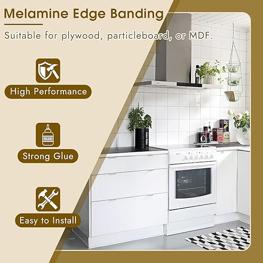 BEVTEE Club Melamine Edge Banding, 3/4 inch x 50ft Wood Veneer Roll Pre-glued, Flexible Melamine Iron-on Veneer Edge Band for Plywood & Furniture Edging, for Cabinet Repair & Furniture Restoration
