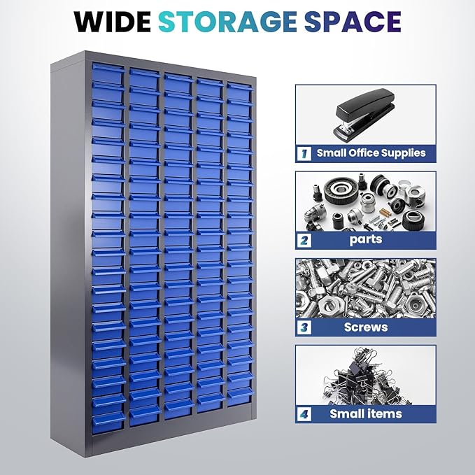 100 Drawers Nut and Bolt Organizer, 46" H x 26" D x 9" W Bolt and Nut Tool Storage Cabinet with Acrylic Adjustable Shelves & Label Stickers, Alloy Steel Parts Cabinet for Workshop Garage Organizer