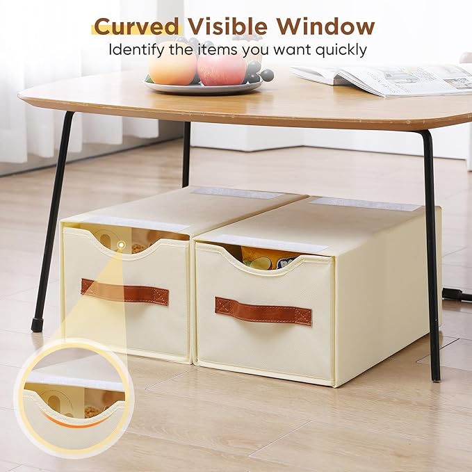 2 Pack Stackable Storage Drawers, Fabric Closet Organizers and Storage with Handles and Clear Window, Pull-Out Clothes Storage Bins with Drawer for Closet, Bedroom, Living Room, Under Bed, Beige
