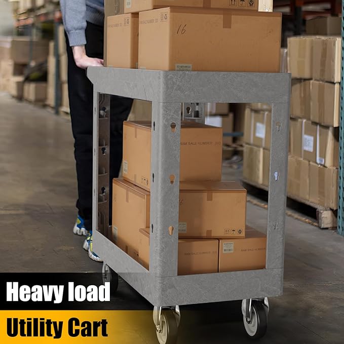 Service Utility Plastic Tool Cart, 34 x 17-Inch Rolling Cart with Deep 2-Shelf Heavy Duty Wheels, 550 lbs Capacity Organizer for Garage, Warehouse, Workshop