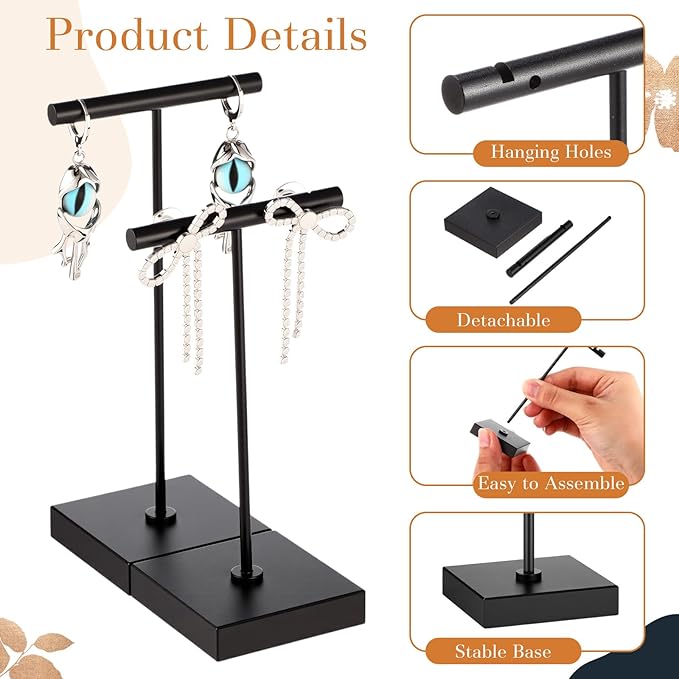 Kigeli 6 Pack Metal T Bar Earring Display Stand Retail Earring Display Holder Detachable Metal Earring Display Storage Rack Jewelry Photography Prop, Square Base, Height 4.3" and 5.1" (Black)