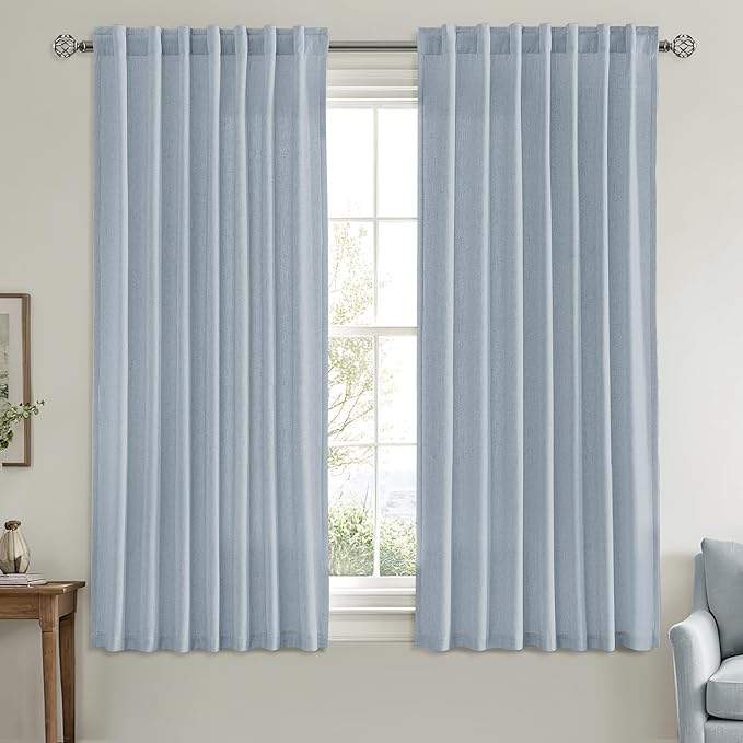 MIULEE Non-See-Through Privacy Linen Curtains 2 Panels, Chambray Blue Light Filtering Window Curtains Farn House Textured Back Tab Semi Sheer Drapes for Bedroom Living Room 63 Inches Long Light Blue