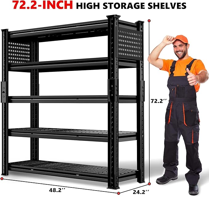 SILVEL 48.2" W Garage Shelving, 5000LBS Heavy Duty Metal Shelving, 2025 Grid Storage Shelves with 2 Side Pegboards, Industrial 5 Tier Shelves for Basement Pantry Warehouse Supermarket, 4 Pack