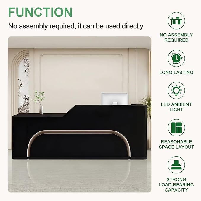 Modern Reception Desk with Counter Front Reception Table with Hidden LED Lighting Commercial Receptionist Desk Black Checkout Counter Fully Assembled and Ready to Use 118inch/300cm