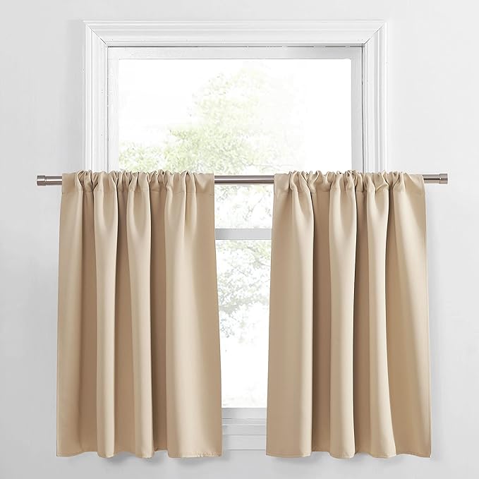 PONY DANCE Kitchen Window Curtains for Bathroom - Solid Light Block Privacy Drapes for Kitchen Cabinet Bedroom Cafe Window Decor, W 34 x L 24, Biscotti Beige,2 PCS