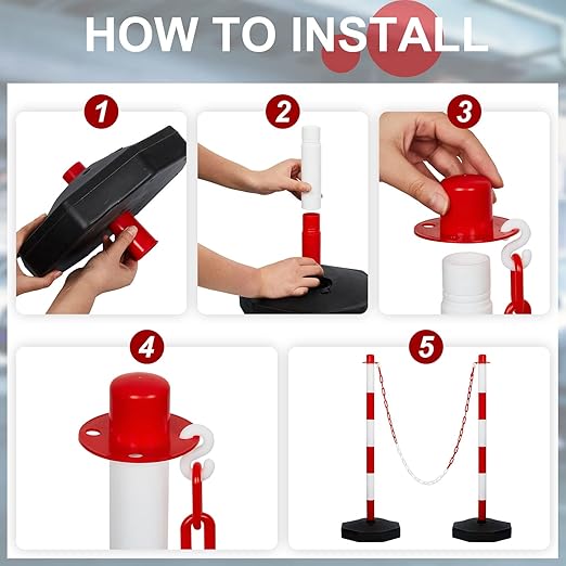 Amylove 9 Packs Traffic Delineator Post Cone with Base, Traffic Cones Safety Cones Caution Cones Plastic Stanchion Chain Safety Barriers with 6.6 Feet Link Chain and S Hooks for Parking Lot (Red)