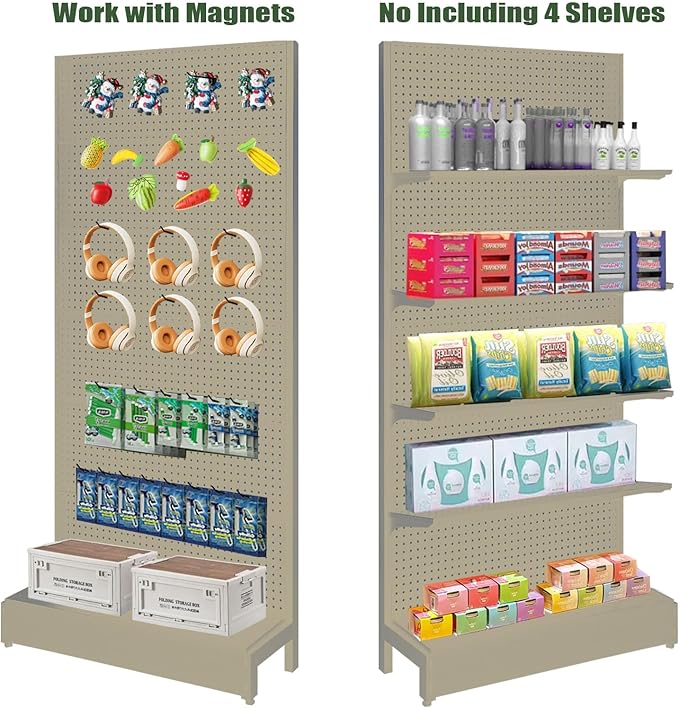 Pegboard Display Stand, Gondola Retail Shelving Wall Display for Convenient Grocery Office Supply or Liquor Stores, Single Side Peg Board Panels, Extra 20 Pieces Hooks, Cream Color