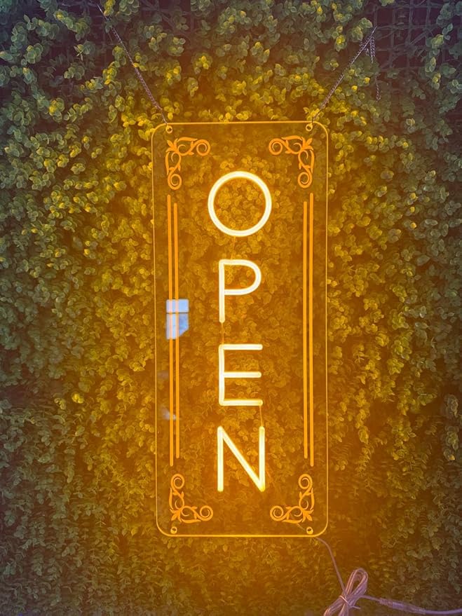 Vertical LED Open Signs for business – Super Bright - UV Printing Pattern, Remote Included - Large Size 14x35'' - Neon Open Sign for Café, Bar, Shop & Business Sign (Orange Yellow)
