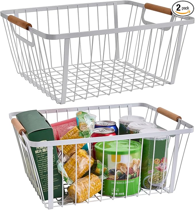 LeleCAT Wire Baskets with Wooden Handle ,Metal Wire Storage Baskets Country Vintage Style Storage Baskets.Storage bins for Kitchen,Bedroom,Bathroom,White,Set of 2