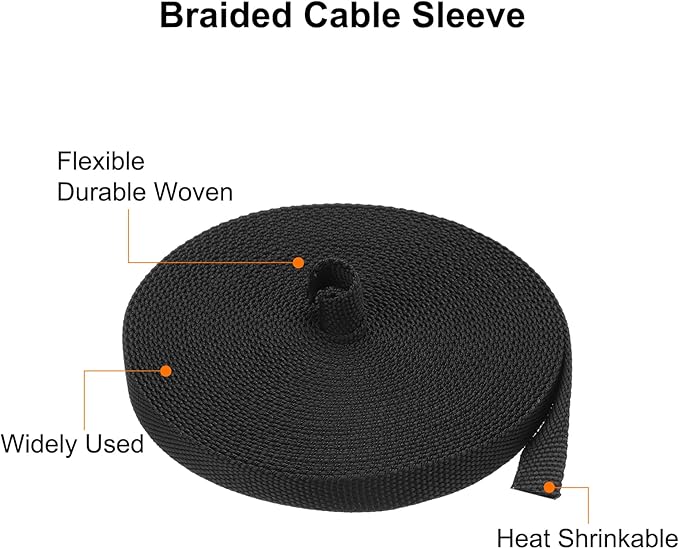 MECCANIXITY Braided Cable Sleeves Heat Shrinkable Fabric Sleeving, 5/16" 33ft Black 2:1 Ratio Heat Shrinkable Cord Protector for Harness Cable, Network Cable Protection, Cable Management