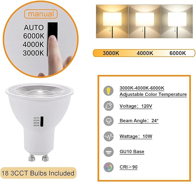 Dimmable LED GU10 White Track Lighting Kit with Replaceable GU10 Bulbs,18-Pack All-in-One Plug in 3CCT Ceiling Spotlights with 19.68FT Track Rails,Accent Lighting for Home,Store,Moblie Cart and Office