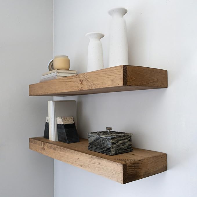 Urbandi Modern Floating Shelves 3 Inches Thick for Wall, Wide Shelves for Kitchen, Living Room, Bedroom, and Bathroom, Natural Pine Wood, Rustic Wooden Shelf, (Set of 2) (Aged Oak, 48Lx3Hx6D)