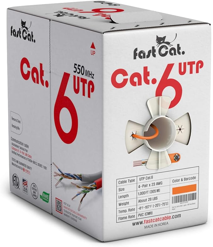 fast Cat. Cat6 Ethernet Cable 1000ft - 23 AWG, CMR, Insulated Solid Bare Copper Wire Internet Cable with Noise Reducing Cross Separator - 550MHZ / 10 Gigabit Speed UTP LAN Cable 1000 ft - CMR (Orange)
