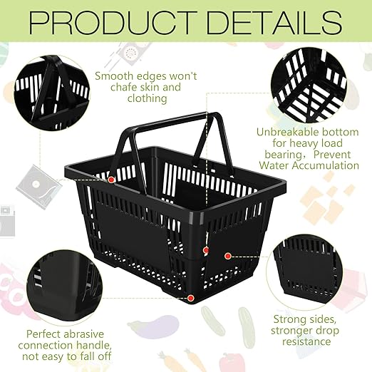 20 Pcs Bulk Shopping Baskets with Handles, 20 L Plastic Grocery Basket 16.9'' x 11.8'' x 9.1'' Portable Shopping Cart for Retail Stores Supermarket(Black)