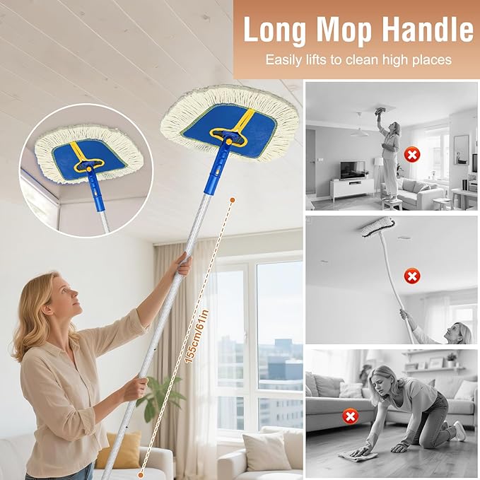 Commercial Dust Mop for Hardwood Floors Cleaning, Heavy Duty Industrial Dry Mop with Wedge Cotton Mop Pads for Walls Cleaner,Tile,Vinyl,Laminate, Floor Duster Broom for Home and Business Use