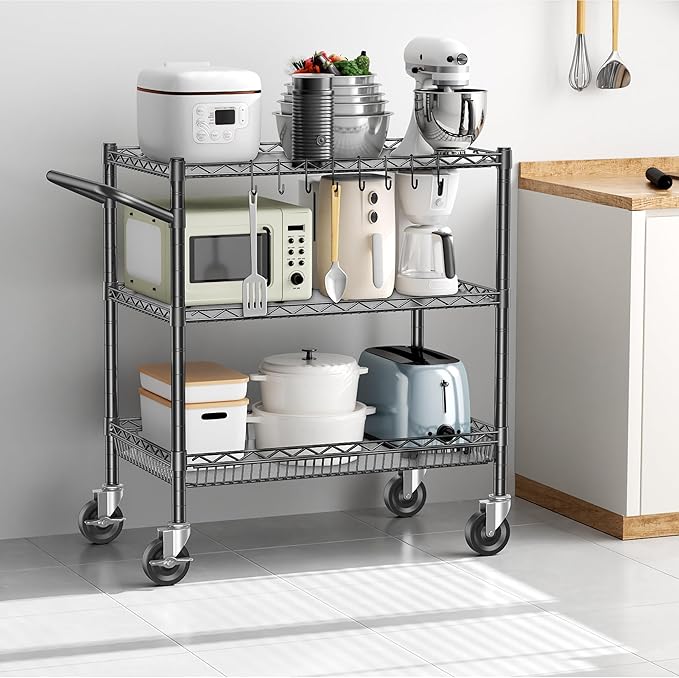 1050lbs Heavy Duty Carts with Wheels Metal Rolling Utility Cart Commercial Grade Kitchen Trolley with Handle Bar&Shelf Liner, Mobile Steel Wire Trolley for Warehouse Garage Kitchen