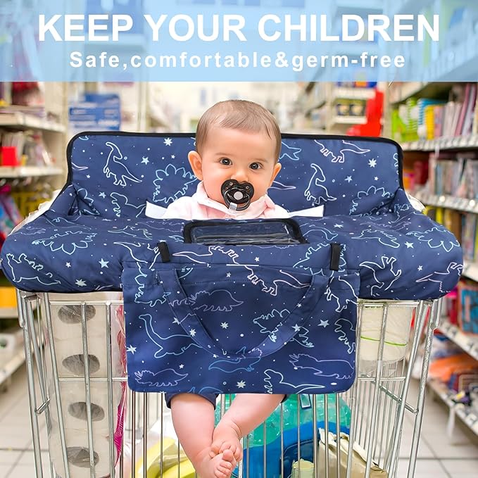 Shopping Cart Cover for Baby 2-in-1 High Chair Cover with Safety Harness Multifunctional Dark Blue Dinosaur Pattern Cart Covers for Babies Soft Padded Grocery Cart Cover for Baby Boy Girl