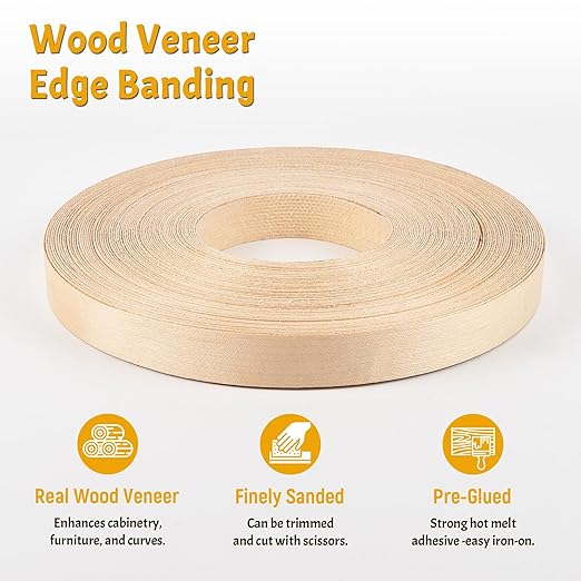 Birch Veneer Edge Banding, 3/4 Inch x 50Ft Pre-Glued Flexible Plywood Edge Banding Tape Real Wood Iron on Veneer Edging Tape with Hot Melt Adhesive Wood Trim for Furniture Panels Restoration