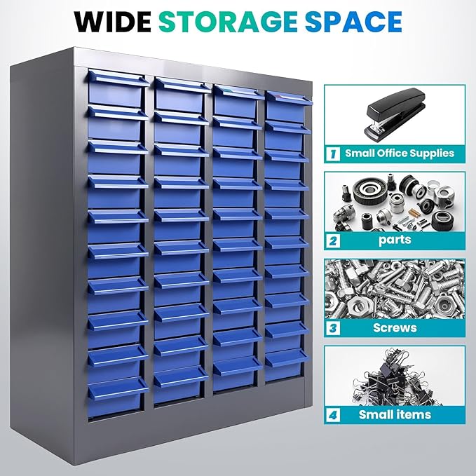 40-Drawer - Nut and Bolt Organizer | Stainless Steel Part Storage Cabinet | Shelves & Labels | Each Drawer 3.9" D x 7.8W x 2" H | Durable Hardware Storage for Small Parts/Tool (Classroom, Home)