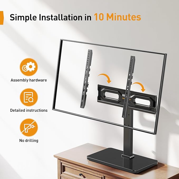 Perlegear Tabletop TV Stand, Universal TV Stand for 23–60 Inch LCD/LED/OLED TVs, Height-Adjustable TV Mount Stand with Tempered Glass Base & Cable Management, VESA 400x400mm, PGTVS02 ﻿