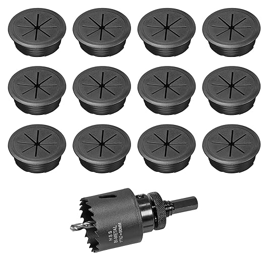 2" Black Desk Grommet, JTemgle Flexible Cable Grommet with Bi-Metal Hole Saw Plastic Cable Hole Cover Wire Organizer Caps Desktop Cord Management for Home Office TV Stands Tabletops, 13 Pieces