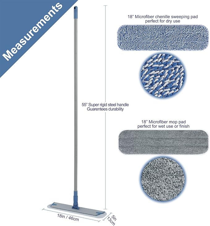 18'' Microfiber Mop for Floor Deep Cleaning, Extendable Long Handle with Aluminum Plate, Wet Mopping and Dry Dusting Chenille Pads Included Great for Hardwood, Laminate, Vinyl, Tile Cleaning