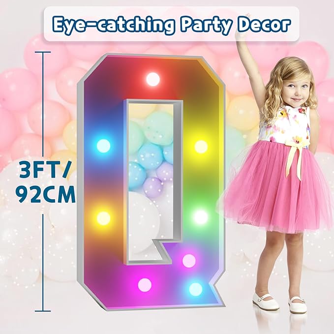 imprsv 3FT Colorful Marquee Letters Q, 18 Colors Large Light up Letters Alphabet Sign with Remote, Big Marry Me Sign, Birthday Party Decorations Anniversary Wedding Decoration