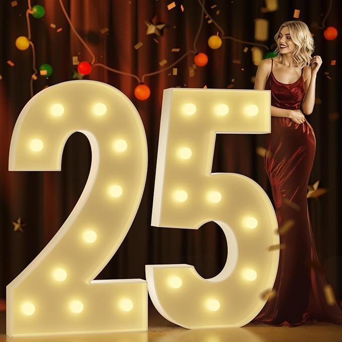 Marquee Numbers 4 Feet Tall Large Light Up Numbers 25th Birthday Decorations Big Yellow Light Outdoor Anniversary Decorations Balloon Arch Kit Party Backdrop 25