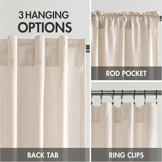 MIULEE Non-See-Through Privacy Linen Curtains 2 Panels, Light Filtering Window Curtains Farn House Textured Back Tab Semi Sheer Drapes for Bedroom Living Room, 52 x 96 Inches Long, Birch