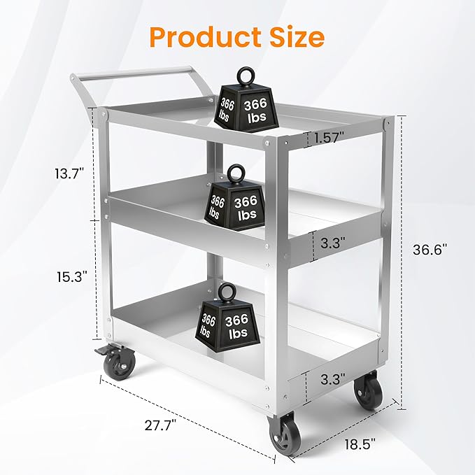 3-Tier Gauge Stainless Steel Multi-Functional cart, 1100-pound Heavy-Duty Wheeled Service cart, Wheeled Rolling Tool cart, Suitable for Mechanics, garages, workshops, Warehouses