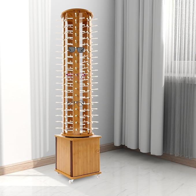 Sunglasses Display Stand, 90 Pairs Wooden 360° Rotating Sunglass Eyeglass Holder Organizer, Glasses Hanger Storage Rack for Retail Commercial Display, L16.9*W14.2*H66.1in, Brown