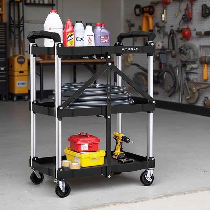 FUTURELAB Portable Folding Service Cart - 3 Tier 330LBS Capacity - Rolling Utility Foldable Cart with Wheels for Warehouse Home Workshops Garages Restaurants Offices