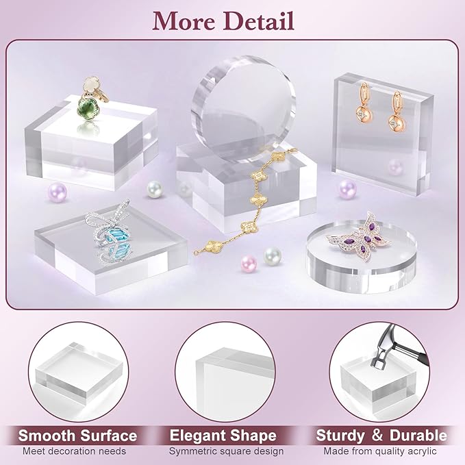 Acrylic Base Stand 2 Pieces Acrylic Blocks for Display 4 X 4 X 1 Inch Clear Polished Block Square Cube Riser Display Pedestal Stands for Jewelry Perfume Ring Collection Props Cake