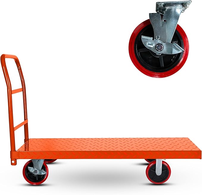 Platform Cart Industrial Dolly Cart Heavy Duty 60” x 30” Platform Hand Truck Push Cart Super Heavy Duty Diamond Plate Commercial Flatbed Cart with 3000Lb Capacity 8'' Moving Swivel Wheels (Orange)