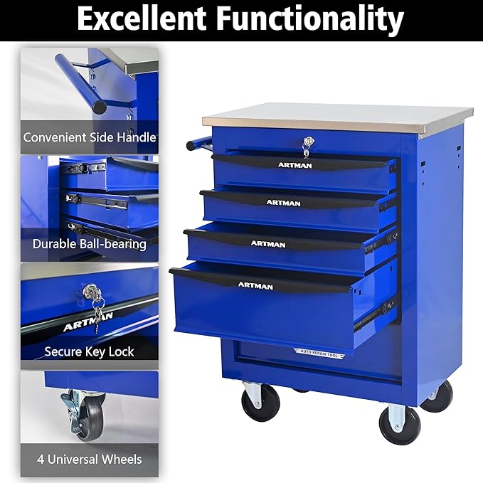 5-Drawer Heavy-Duty Rolling Tool Chest with Wheels & Steel Roof, Lockable Tool Chest Storage Cabinet for Garage, Workshop, Warehouse, and Repair Shop