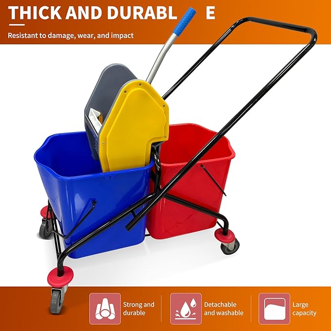 6.6 Gallons x 2 Commercial Mop Bucket with Wringer & Steel Frame | Heavy Duty Dual Bucket System | Separate Dirty Water On Wheels for Janitorial