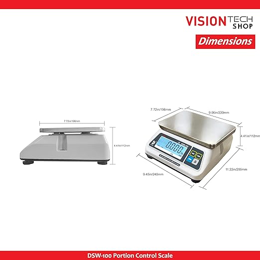 VisionTechShop DSW-100 Portion Food Scale with Dual LCD Display, Stainless Steel Platter, 15lb Capacity, 0.005lb Readability, Lb/Oz/Kg/g Switchable, Low Profile Design, NTEP COC #22-007, NSF Certified